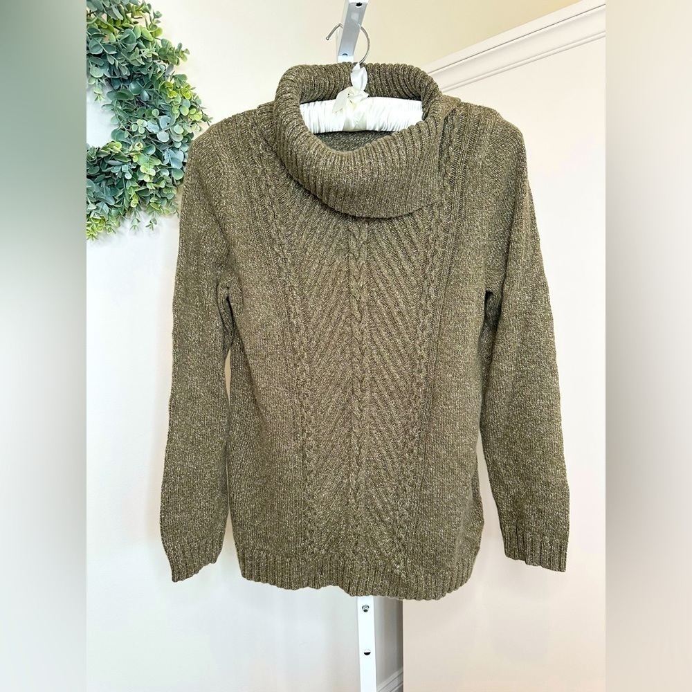 Talbots Cable Knit Split Cowl Neck Sweater Olive Green Brown Marl Cotton Medium
